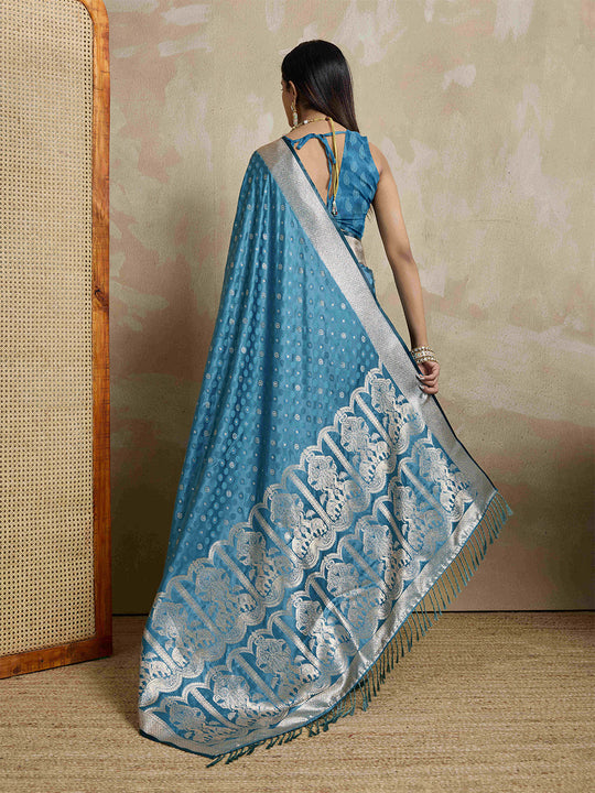 Blue Pure Satin Banarasi Saree With Tassels Saree With Blouse Piece