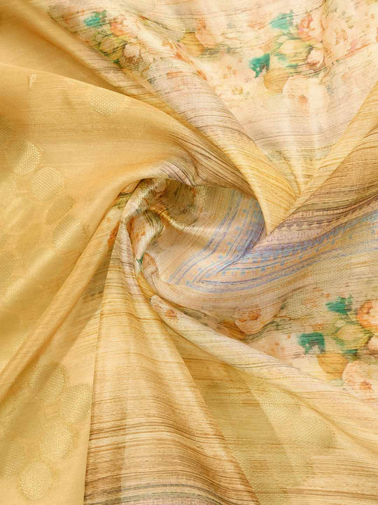 Yellow Cotton Banarasi Woven Rich Pallu Printed Saree With Blouse Piece