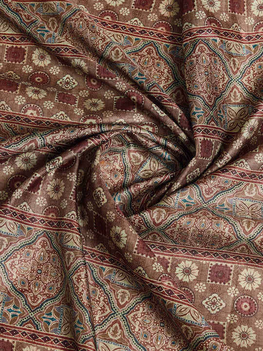 Brown Pure Handloom Tussar Woven Pallu Ajrakh Printed With Blouse Piece