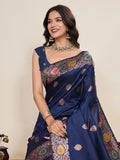 Blue Pure Jacquard Fabrics With Sona Chandi Pure Zari Work Saree With Blouse Piece