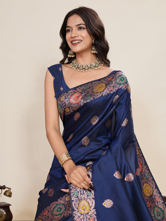 Blue Pure Jacquard Fabrics With Sona Chandi Pure Zari Work Saree With Blouse Piece