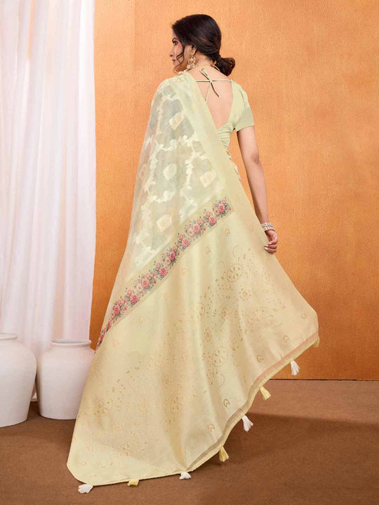 Yellow Pure Cotton Lucknowi Woven Banarasi Saree With Ombre Floral Prints