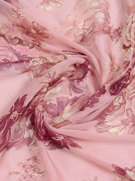Onion-Pink Silk Chiffon Viscose Border Floral Printed Saree Saree With Blouse Piece