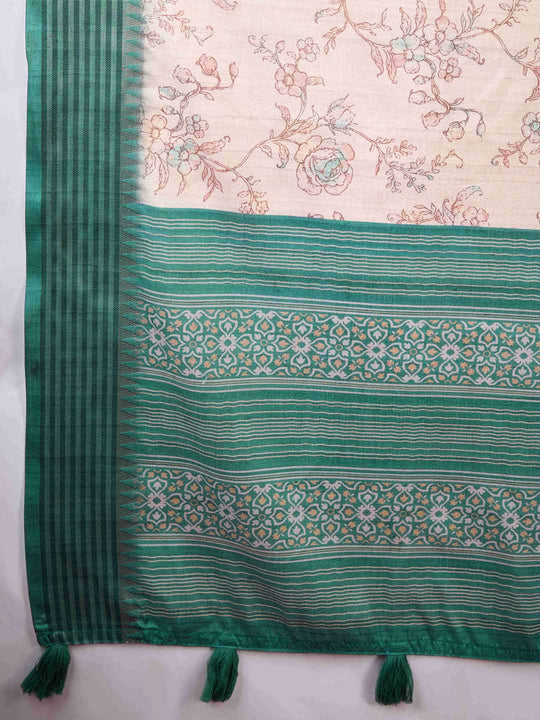Offwhite Pure Tussar Viscose Border Paisley Digital Printed With Blouse Piece