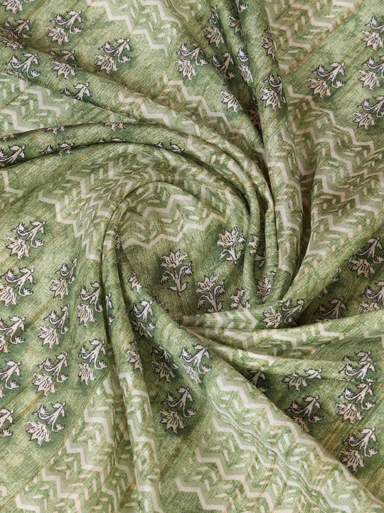 Green Pure Tussar Silk Ajrakh Block Printed With Blouse Piece