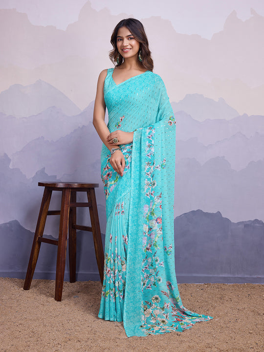 Turquoise Poly Chiffon Saree With Blouse Piece