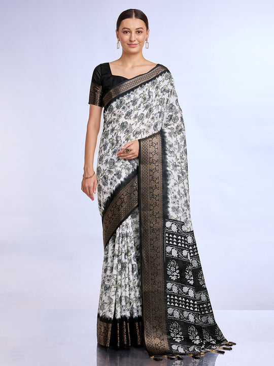 White & Black Dola Silk Saree With Blouse Piece