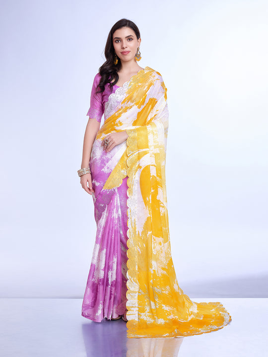 Yellow Poly Chiffon Festival Saree With Blouse Piece