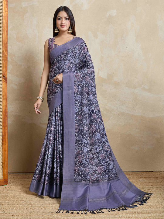 Lavendar Pure Handloom Tussar Woven Pallu Ajrakh Printed With Blouse Piece