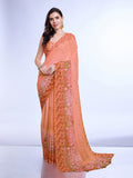 Peach Poly Chiffon Festival Saree With Blouse Piece