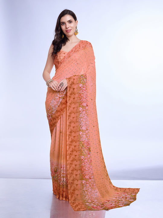 Peach Poly Chiffon Festival Saree With Blouse Piece