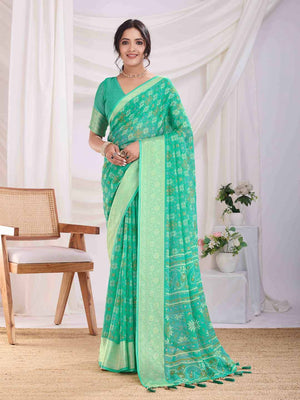 Teal Pure Chiffon Viscose Border Block Printed Saree With Blouse Piece