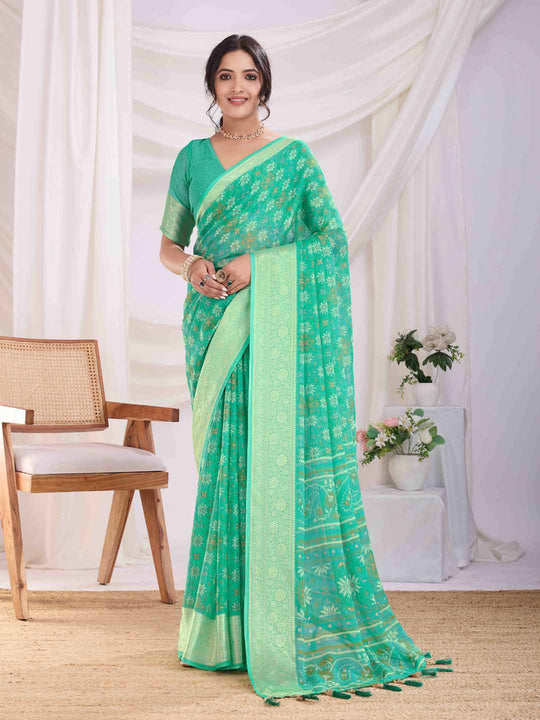Teal Pure Chiffon Viscose Border Block Printed Saree With Blouse Piece