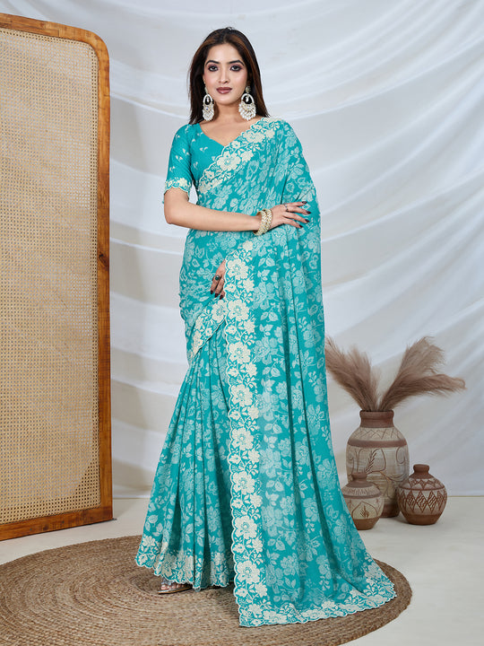 Poly Georgette Geometric Print Saree With Embroidery And Scaloping Work With Unstitched Blouse Piece