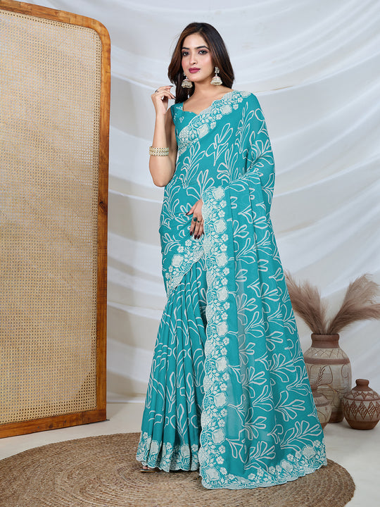 Poly Georgette Geometric Print Saree With Embroidery And Scaloping Work With Unstitched Blouse Piece