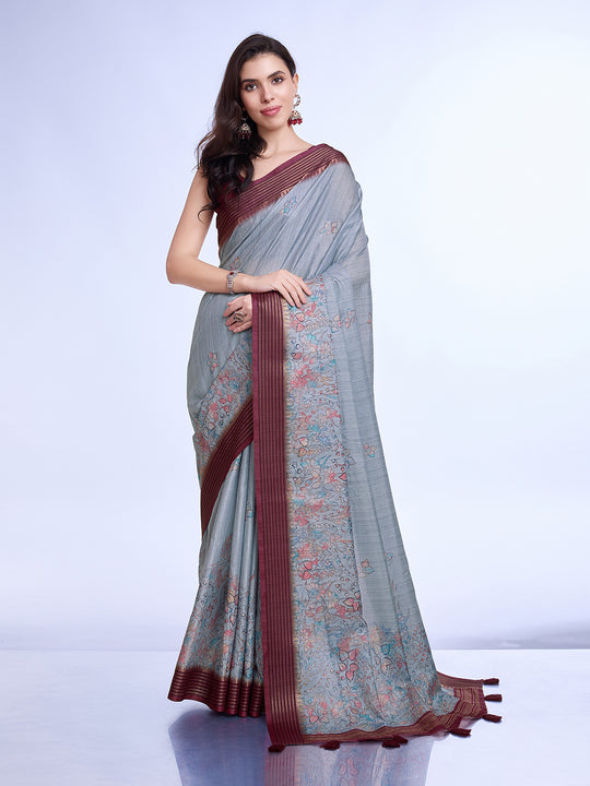Grey Poly Silk Daily Wear Saree With Blouse Piece