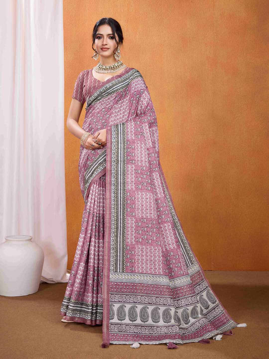 Pink Pure Tussar Silk Ajrakh Block Printed With Blouse Piece