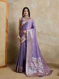 Lavendar Pure Satin Banarasi Saree With Tassels Saree With Blouse Piece