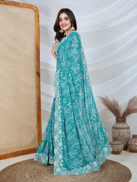 Poly Georgette Geometric Print Saree With Embroidery And Scaloping Work With Unstitched Blouse Piece