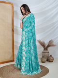 Poly Georgette Geometric Print Saree With Embroidery And Scaloping Work With Unstitched Blouse Piece