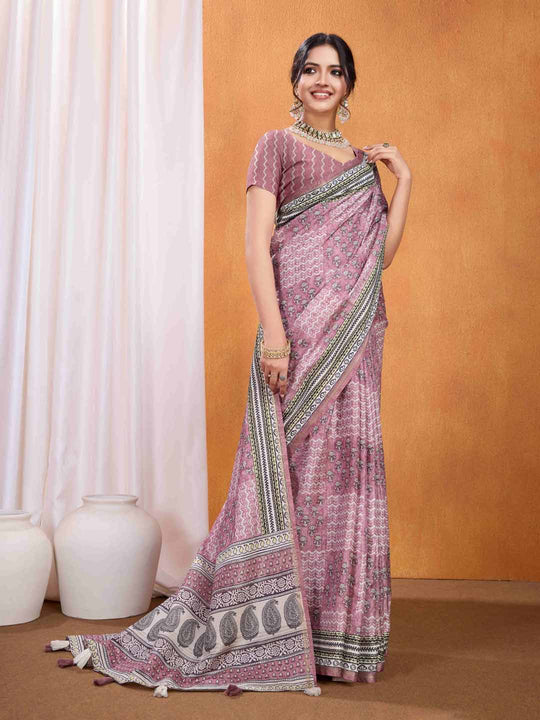 Pink Pure Tussar Silk Ajrakh Block Printed With Blouse Piece