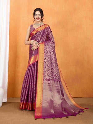 Cherrypink Yellow Ikkat Woven Kajeevaram Silk Rich Pallu With Blouse Piece