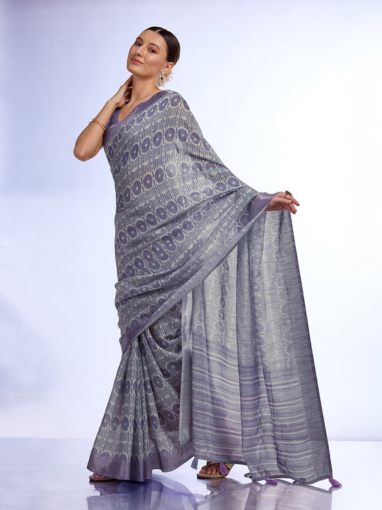 Grey Linen Blend Saree With Blouse Piece