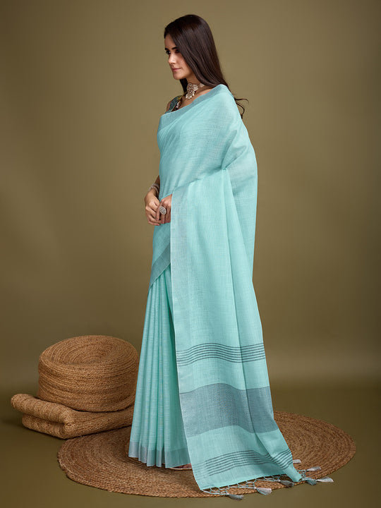 Turquoise Blue Linen Blend Daily Wear Saree With Blouse Piece