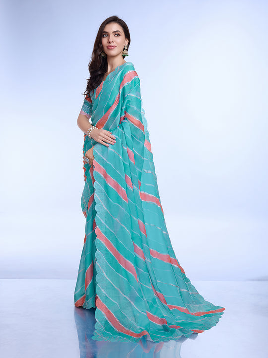 Blue Poly Chiffon Festival Saree With Blouse Piece