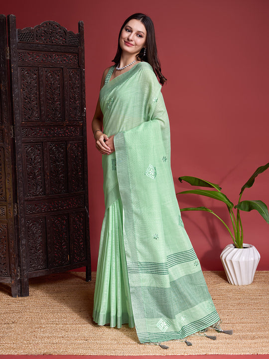 Green Linen Blend Saree With Blouse Piece