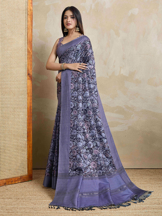 Lavendar Pure Handloom Tussar Woven Pallu Ajrakh Printed With Blouse Piece