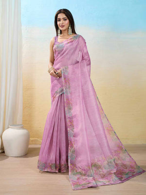 Babypink Organza Zari Woven Printed Saree With Hand-Sequence Embellishment Saree With Blouse Piece