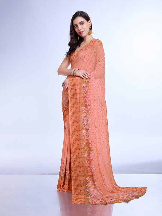 Peach Poly Chiffon Festival Saree With Blouse Piece