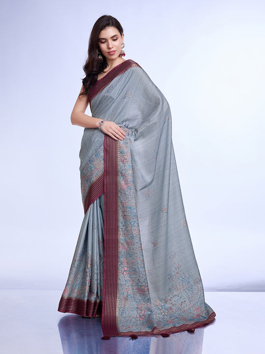 Grey Poly Silk Daily Wear Saree With Blouse Piece