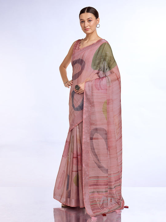 Pink Linen Blend Saree With Blouse Piece