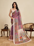 Violet Linen Saree With Jari Border All Over Single Colour Printed Saree With Blouse Piece