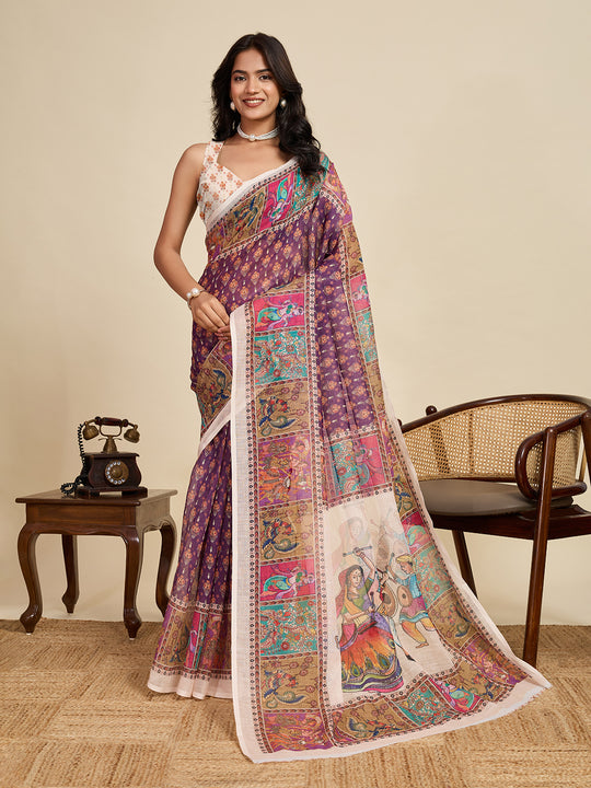 Violet Linen Saree With Jari Border All Over Single Colour Printed Saree With Blouse Piece