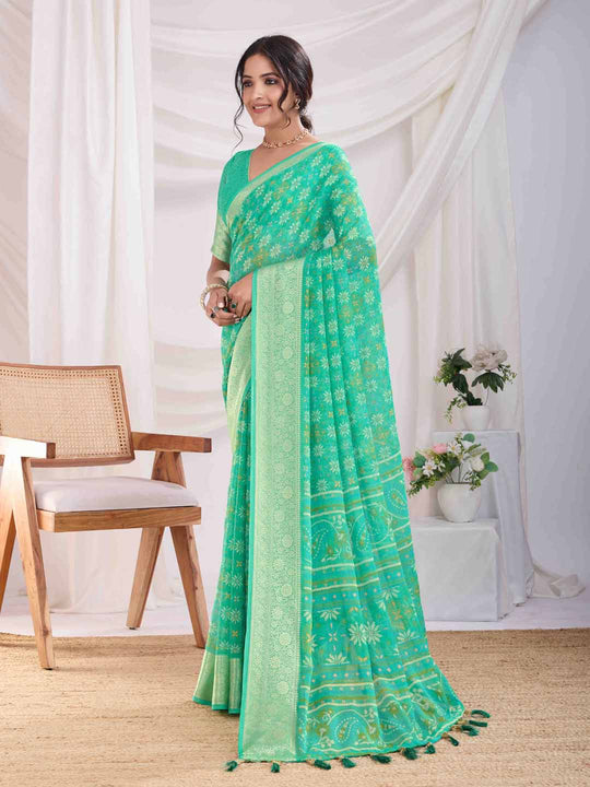 Teal Pure Chiffon Viscose Border Block Printed Saree With Blouse Piece