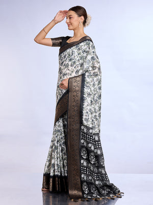White & Black Dola Silk Saree With Blouse Piece