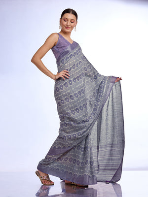 Grey Linen Blend Saree With Blouse Piece