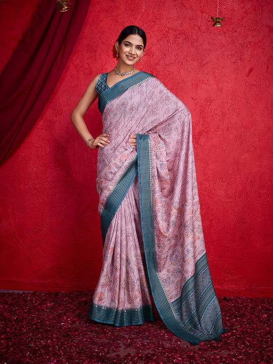 Mauve Poly Silk Festival Saree With Blouse Piece