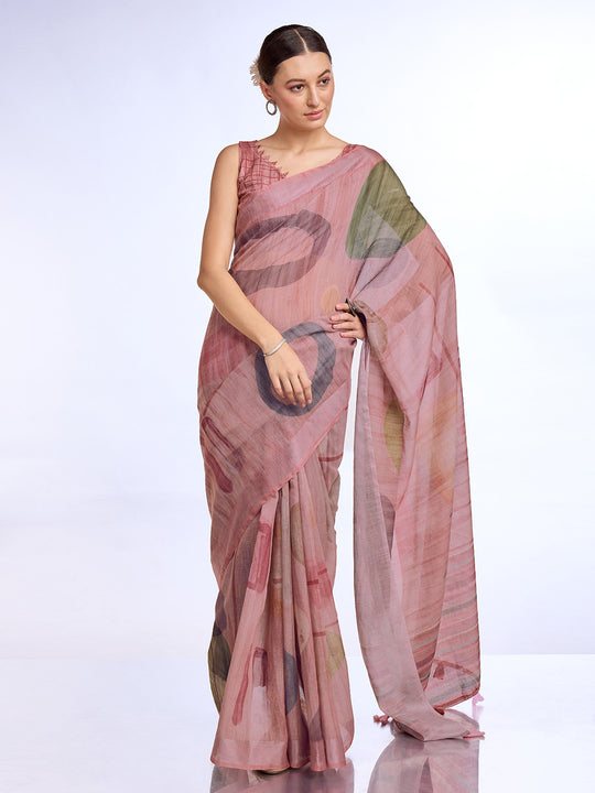 Pink Linen Blend Saree With Blouse Piece