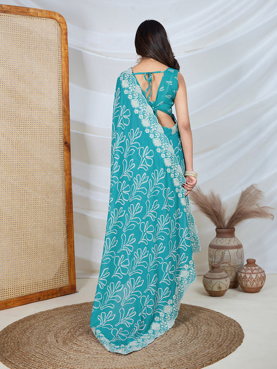 Poly Georgette Geometric Print Saree With Embroidery And Scaloping Work With Unstitched Blouse Piece