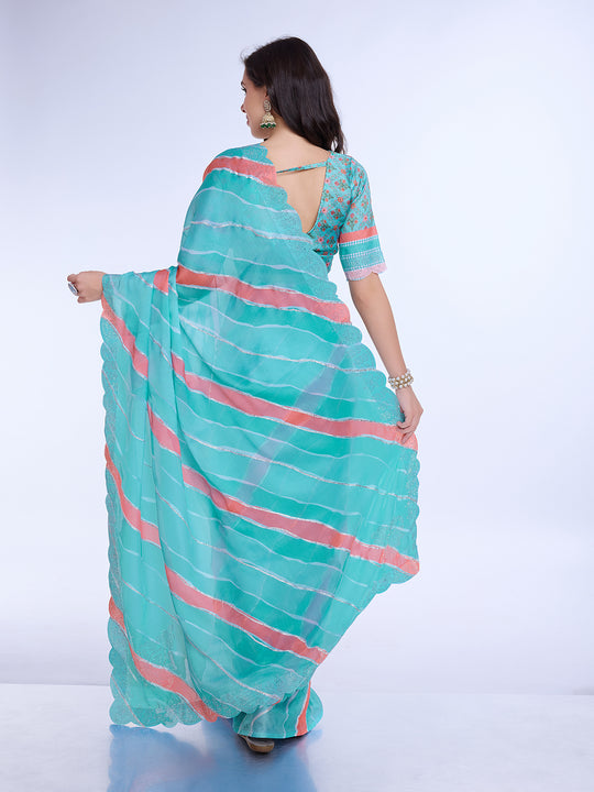 Blue Poly Chiffon Festival Saree With Blouse Piece