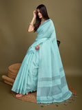 Turquoise Blue Linen Blend Daily Wear Saree With Blouse Piece