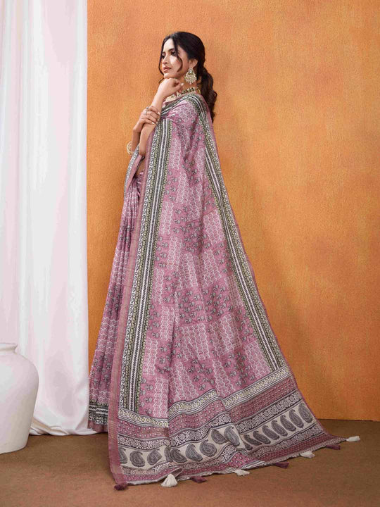 Pink Pure Tussar Silk Ajrakh Block Printed With Blouse Piece