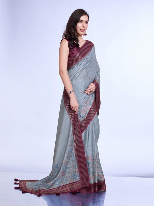 Grey Poly Silk Daily Wear Saree With Blouse Piece