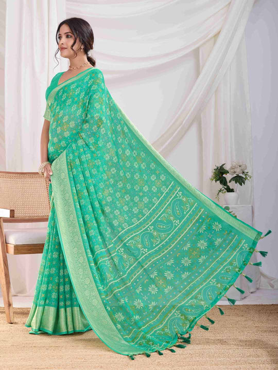 Teal Pure Chiffon Viscose Border Block Printed Saree With Blouse Piece