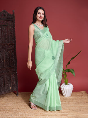 Green Linen Blend Saree With Blouse Piece