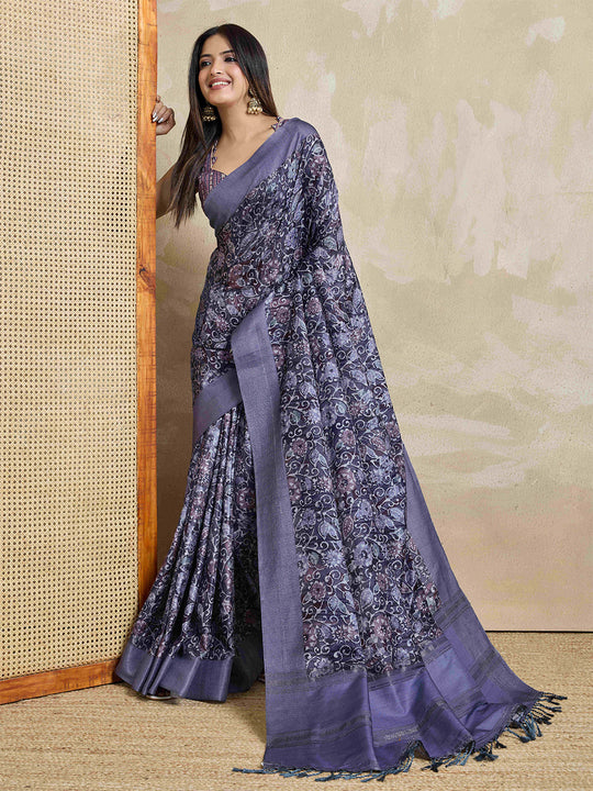 Lavendar Pure Handloom Tussar Woven Pallu Ajrakh Printed With Blouse Piece